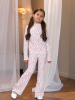 Брюки-легинсы клеш из "лапши в рубчик", белый в мелкий цветочек