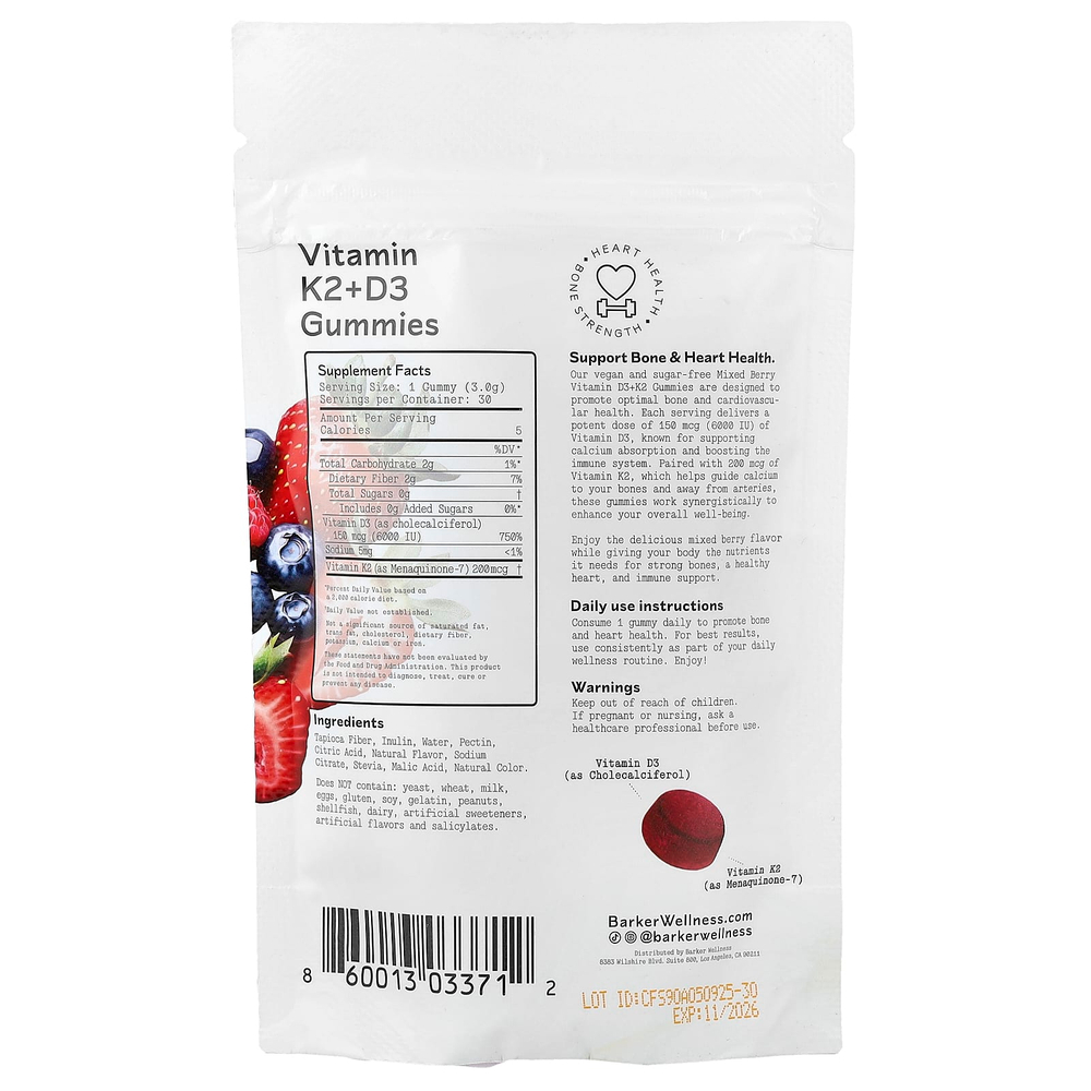 Barker Wellness Co, жевательные таблетки с витаминами K2 и D3, со вкусом ягодного ассорти, 30 жевательных таблеток