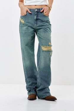 Джинсы wide leg с потертостями сине-зеленого цвета