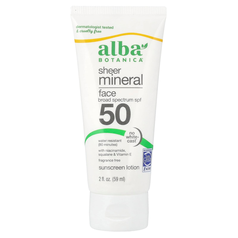 Alba Botanica, прозрачный минеральный солнцезащитный лосьон для лица, SPF 50, без отдушек, 59 мл (2 жидк. унции)
