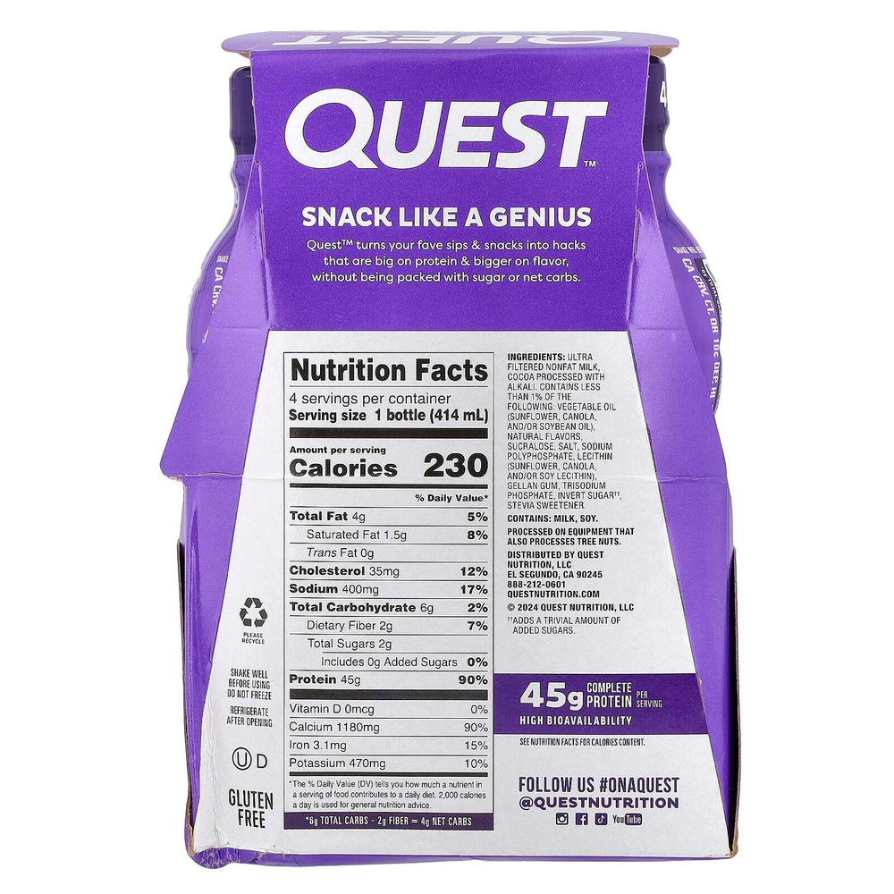 Quest Nutrition, Протеиновый молочный коктейль, шоколад, 4 флакона по 414 мл (14 жидк. Унций)