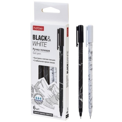 Набор гелевых ручек Hatber Black&White Черная 0,5мм игольч.пишущ.узел 6шт. в картонной коробке Ассор