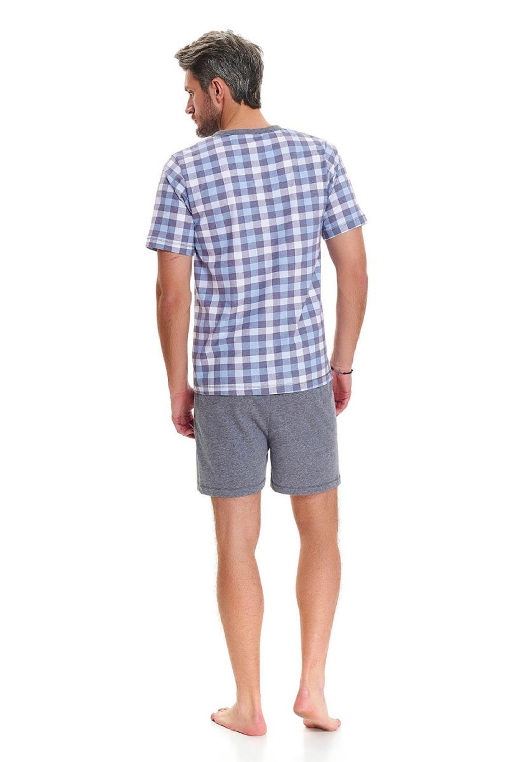 Клетчатая мужская пижама с шортами (Размер: XXL) (Цвет: серый с синим)