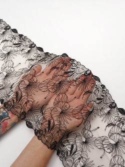 Вышивка на сетке телесная с черным неэластичная ширина 21 см