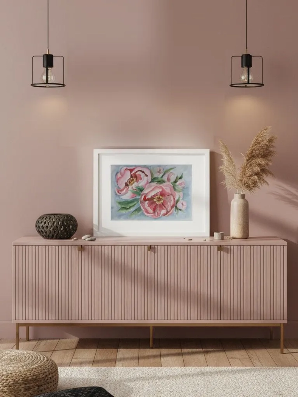 Картина авторская акварельная в паспарту 40х50 см на стену для интерьера "Пионы"