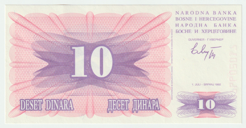 Bosnia and Herzegovina, 10 Dinara, 1992, UNC
