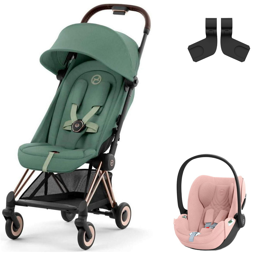 Коляска Cybex Coya Rosegold Frame Cloud T i-Size Peach Pink Plus Leaf Green с дождевиком и бампером