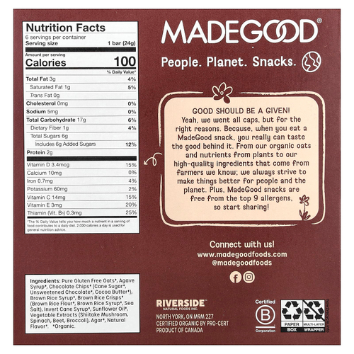 MadeGood, Батончики мюсли, шоколадная крошка, 6 батончиков, по 24 г (0,85 унции)