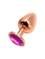 Золотистая анальная втулка Wooomy Tralalo M с розовым кристаллом - 8 см. (Цвет: розовый)