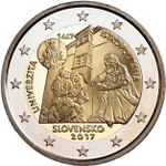 2 евро. 550-летие Истрополитанского Университета. Словакия. 2017 г