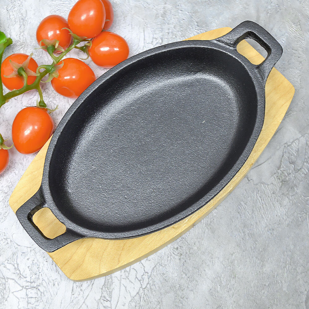 Сковорода 16см чугунная порционная, овальная с 2 ручками, на подставке, тм MY REAL IRON COOK