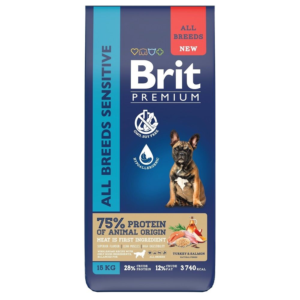 Сухой корм Brit Premium Dog Sensitive с лососем и индейкой для взрослых собак всех пород с чувствительным пищеварением 15 кг