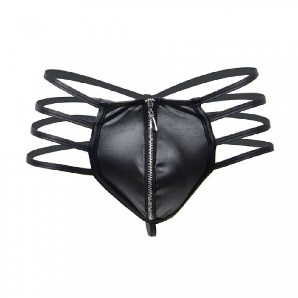 Кожаные мужские стринги Ohyeah Zipper Black, на молнии со стрепами, L