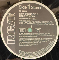 Виниловая пластинка Rick Springfield ‎– Hard To Hold - Soundtrack Recording LP