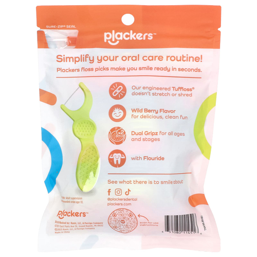 Plackers, детская зубная нить Dual Gripz, очень мягкая, с фторидом, лесная ягода, 75 шт.
