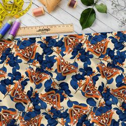 Ткань бифлекс оранжевые бабочки и синие листья на жёлтом фоне