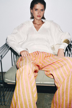 ZARA РУБАШКА ИЗ СМЕСОВОГО ЛЬНА И ШЕЛКА — ZW COLLECTION, ЖЕЛТОВАТО-БЕЛЫЙ