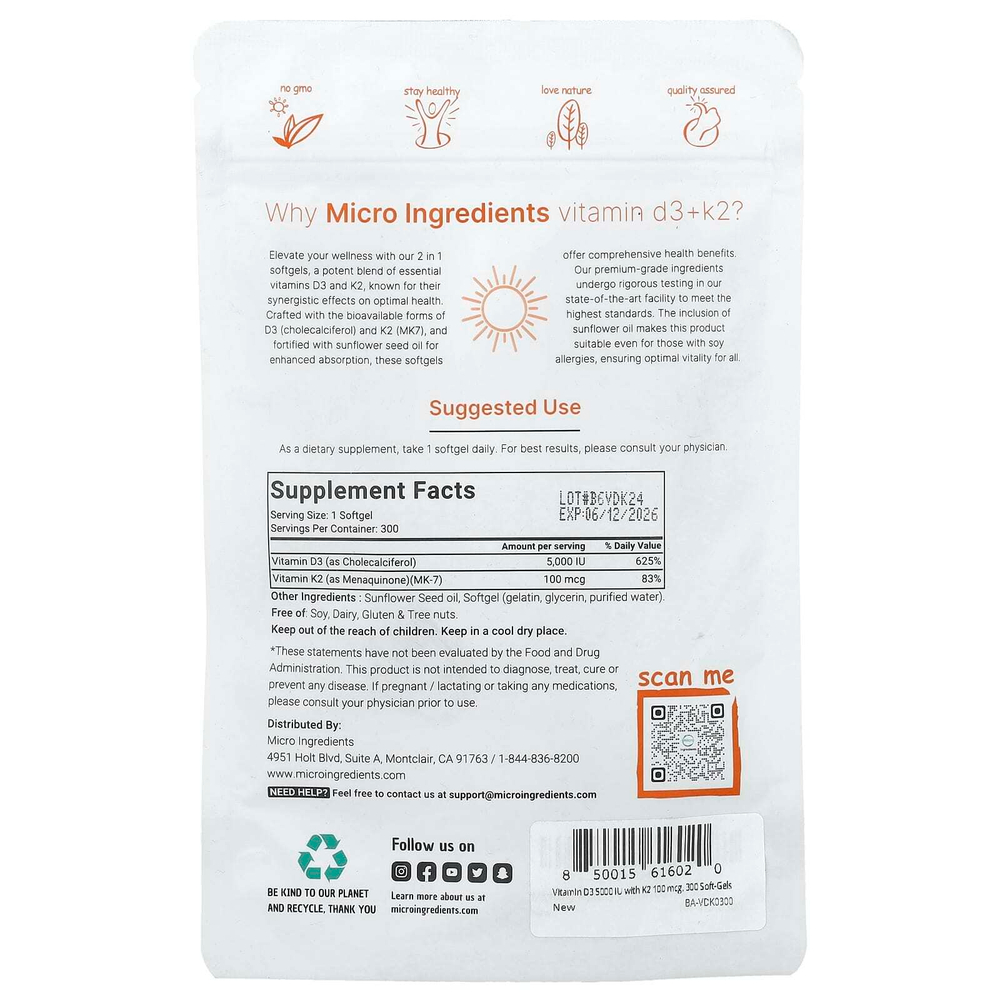 Micro Ingredients, Витамин D3 и K2, 300 капсул