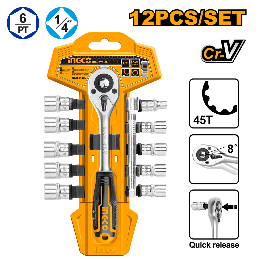 Набор торцевых головок с трещоткой INGCO HKTS14122 INDUSTRIAL 1/4&quot; 5-14 мм 12 шт.