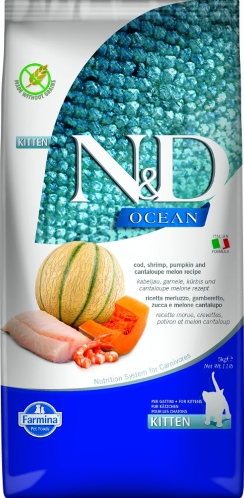 Сухой корм Farmina N&amp;D Ocean Cat Kitten треска, креветка, тыква и дыня для котят 1,5 кг