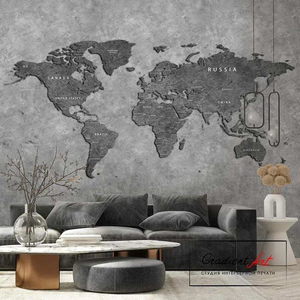 Фотообои карта мира бетон лофт "Карта мира" 315см x 270см флизелин премиум моющиеся GradientArt WM2B315270G