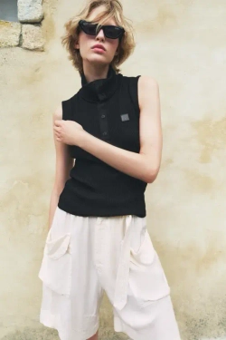 ZARA ТОП В РУБЧИК С НАШИВКОЙ, ЧЕРНЫЙ