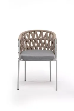 "Диего" стул плетеный из роупа, каркас из стали светло-серый (RAL7035) муар, роуп бежевый круглый, ткань светло-серая