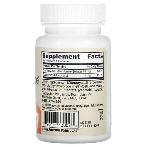 Jarrow Formulas, Zinc Balance, цинк, веганская добавка, 100 растительных капсул