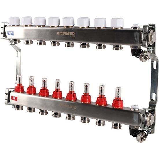 Коллектор Rommer 1"x3/4" на 8 контуров с расходомерами и запорными клапанами RMS-1201-000008