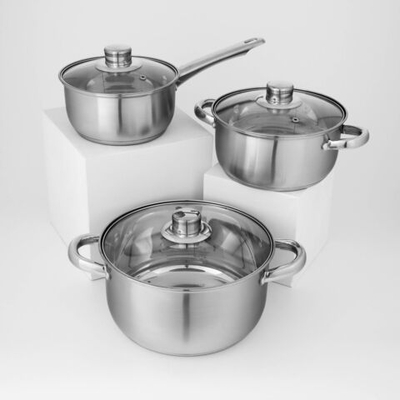 Набор посуды из нержавеющей стали Доляна «Гретте», 3 предмета: сотейник 1,5 л, d=16 см, кастрюли 2 л, 4 л, d=18 см, d=22 см, крышки (Цвет: не задано)