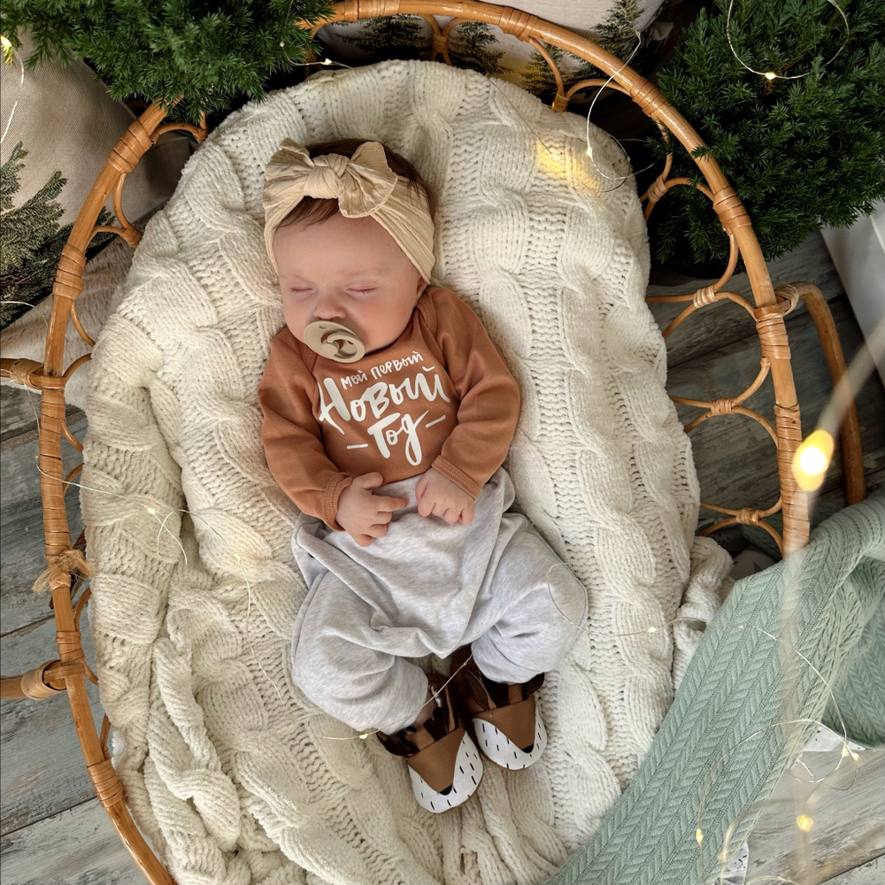 Комплект – боди с новогодним текстом, легкие трикотажные брюки, моксы Bamby и игрушка