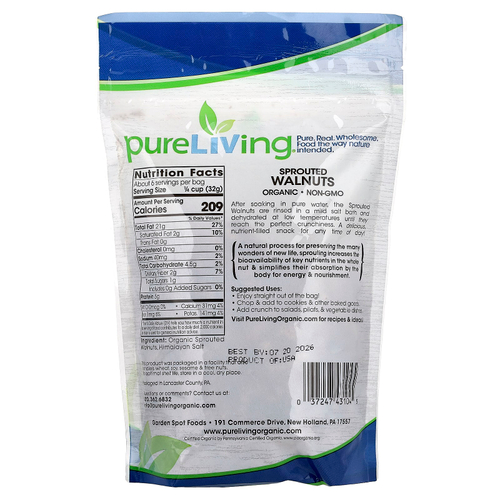 Pure Living, органические пророщенные грецкие орехи, с солью, 170 г (6 унций)