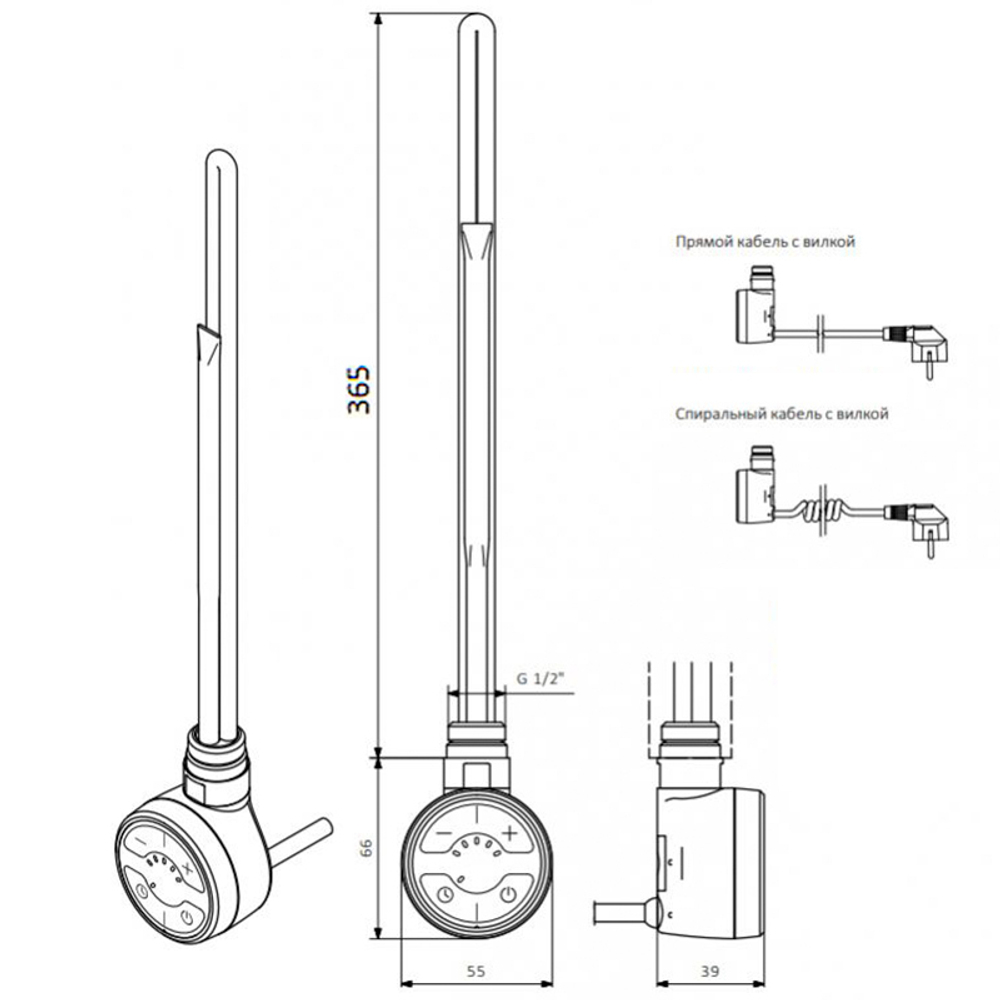 Электрический ТЭН Мег 1.0 600W RAL9016 белый, кабель спиральный с вилкой, шт