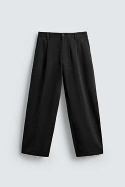 ZARA БРЮКИ СО СКЛАДКАМИ ИЗ ХЛОПКА И ЛИОЦЕЛЛА, УГОЛЬНЫЙ