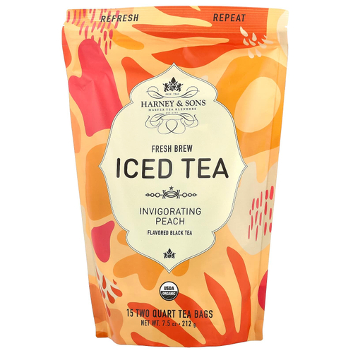 Harney & Sons, свежезаваренный холодный чай, бодрящий персик, 15 чайных пакетиков по 2 кварты, 212 г (7,5 унции)