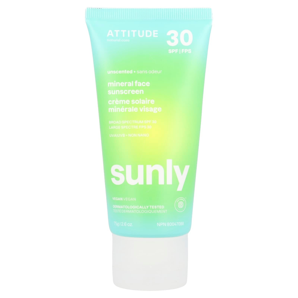 ATTITUDE, Sunly, минеральное солнцезащитное средство для лица, SPF 30, без запаха, 75 г (2,6 унции)