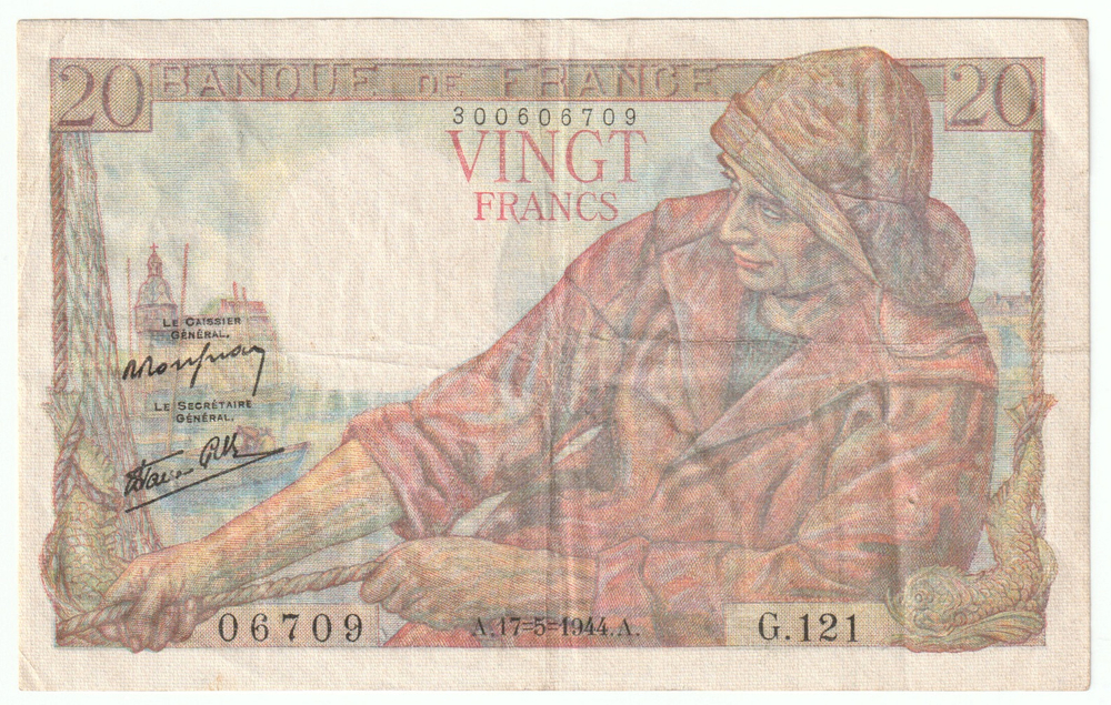 France, 20 Francs - Pêcheur, 1944, VF