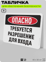 Табличка для обеспечения безопасности "Опасно, требуется разрешение для входа", для офиса, по охране труда для предприятия, организаций, 40х30 см, Silver Plane x Айдентика Технолоджи