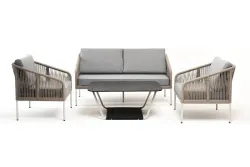 "Канны" лаунж-зона 4-местная из роупа со столом "Глория" (серый гранит), каркас алюминиевый светло-серый, роуп серый меланж
