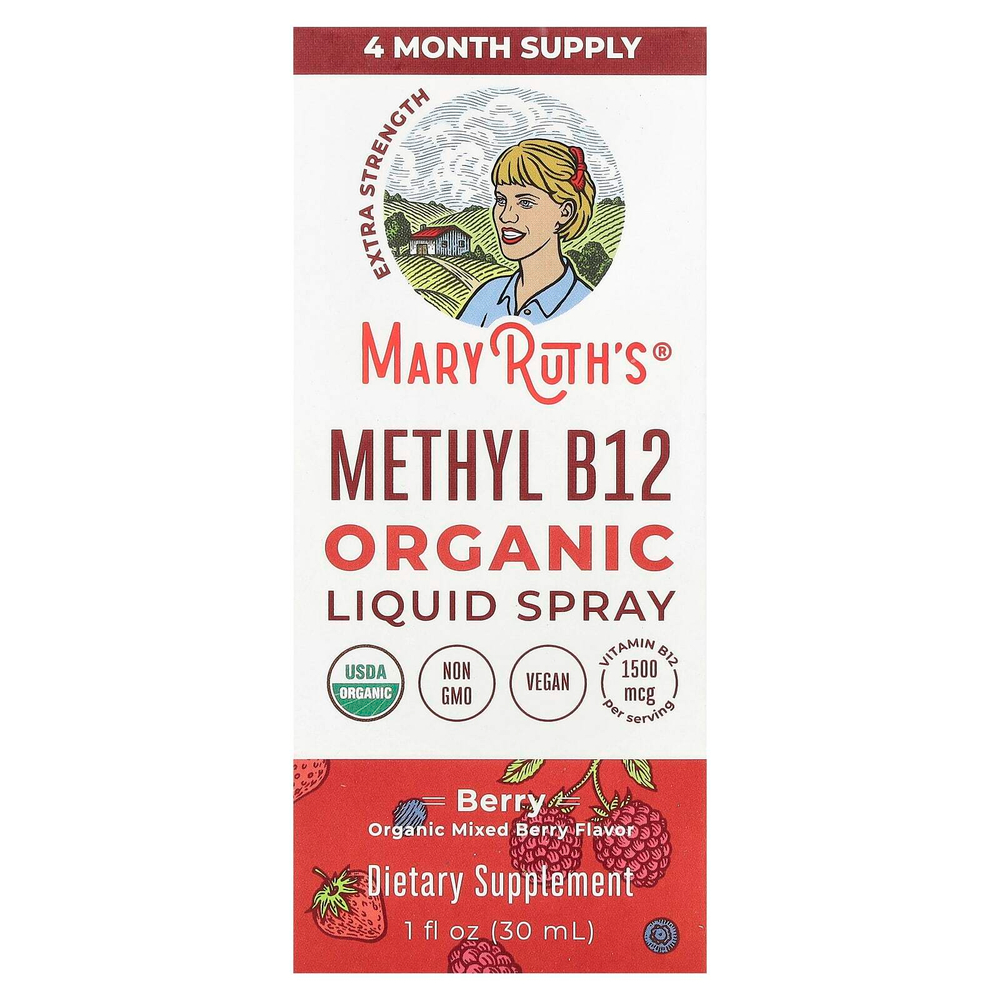 MaryRuth's, Органический метил B12, жидкий спрей, повышенная сила действия, ягоды, 1500 мкг, 30 мл (1 жидк. Унция)