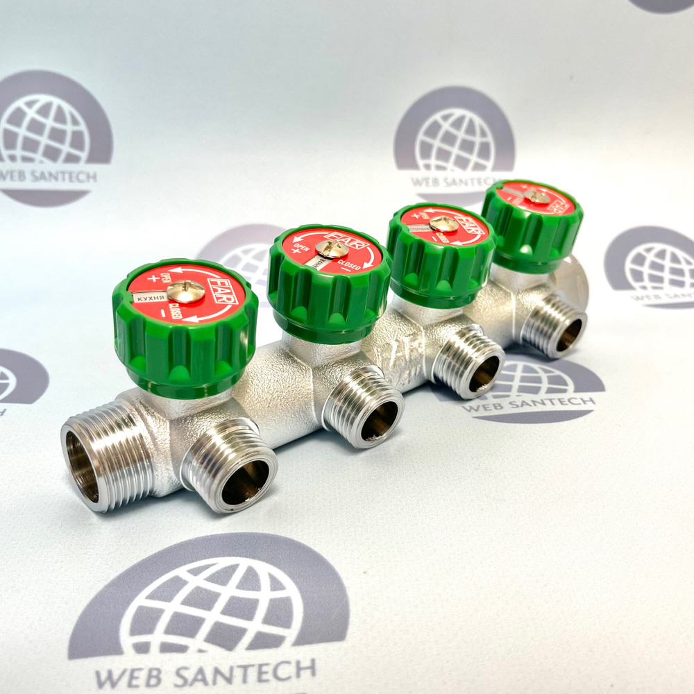 Коллектор FAR 3/4" на четыре отвода 1/2" под плоское уплотнение