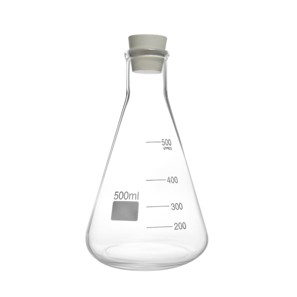 Колба коническая, 500 мл, узкое горло, с резиновой пробкой