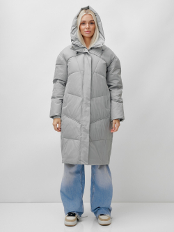 Пальто летучая мышь женское с капюшоном зимнее серого цвета 9616Sr