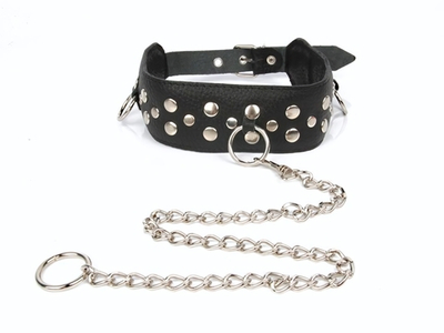 Черный ошейник с заклепками с металлическим поводком-цепочкой (Цвет: черный)