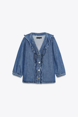 ZARA ДЖИНСОВАЯ РУБАШКА Z1975 С ВОЛАНАМИ, ВЫЦВЕТШИЙ СИНИЙ