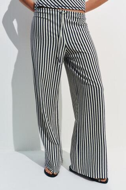 ZARA БРЮКИ В ПОЛОСКУ ИЗ СМЕСОВОГО ЛЬНА, ЭКРЮ/ТЕМНО-СИНИЙ