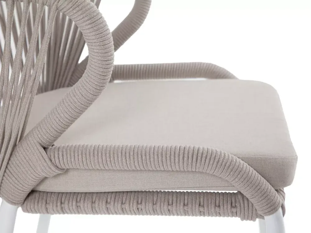 "Милан" стул плетеный из роупа, каркас алюминий белый муар, роуп бежевый круглый, ткань бежевая 15052