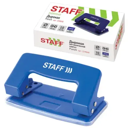 Дырокол до 10 л. Staff металлический, без линейки, синий