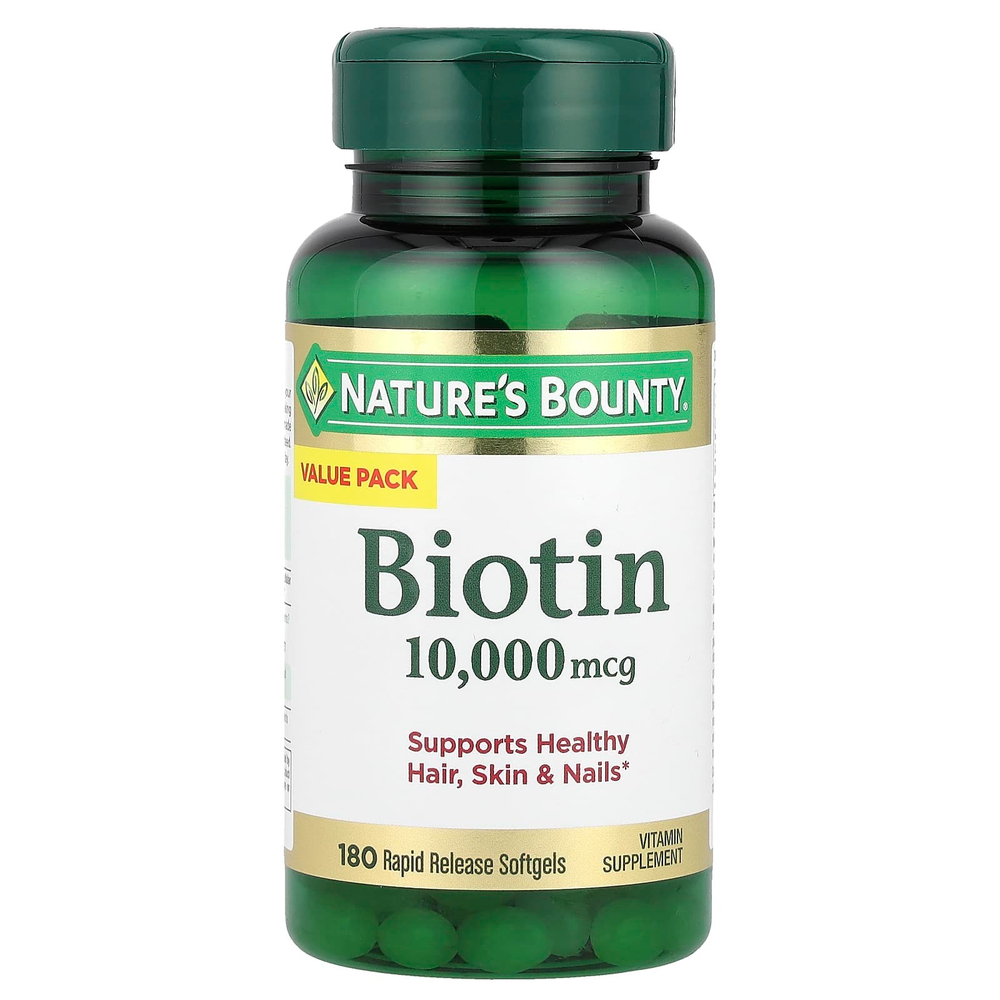 Nature's Bounty, Биотин, 10 000 мкг, 180 мягких таблеток с быстрым высвобождением