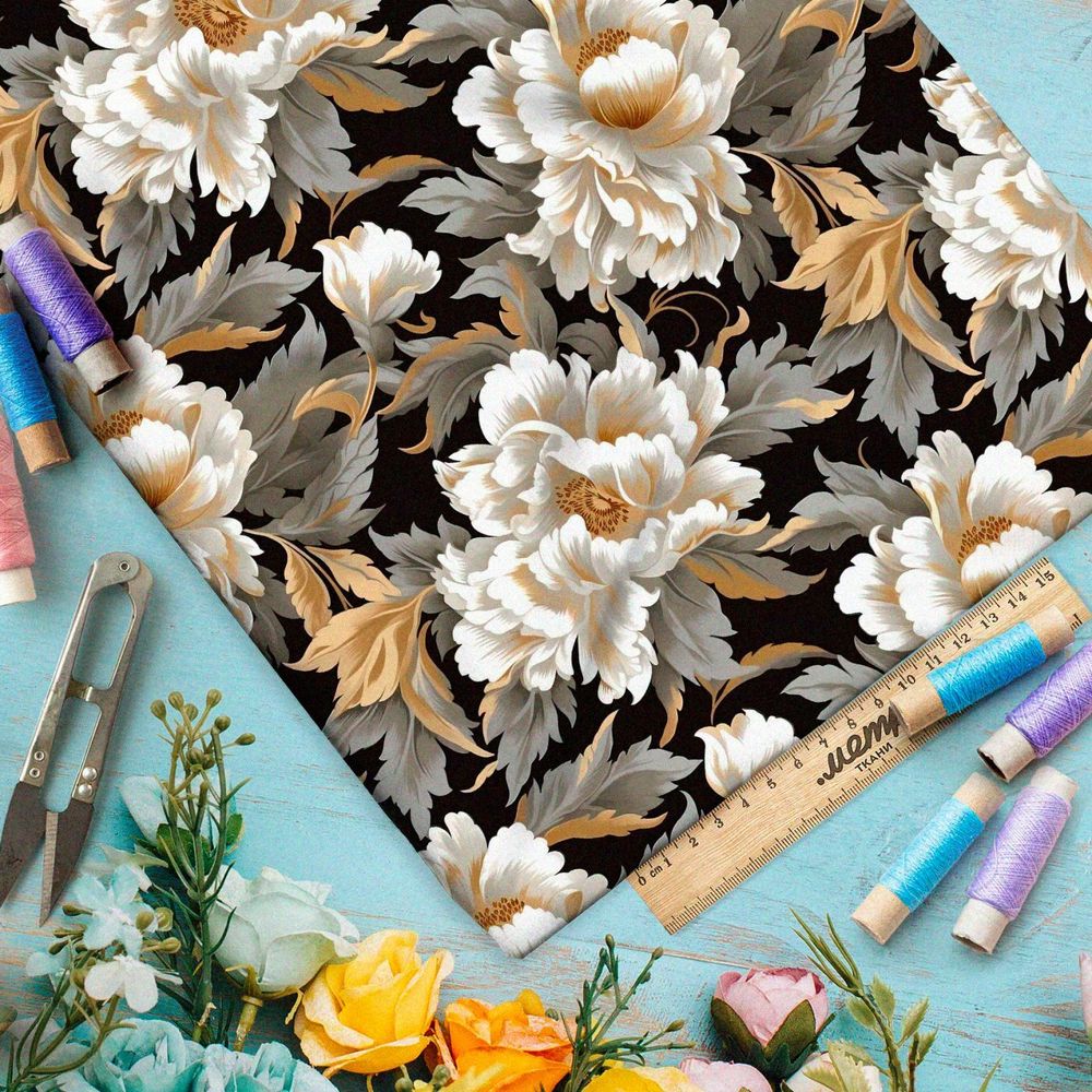 Ткань премиум атлас ночной цветочный хор